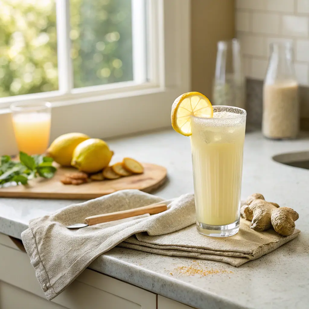 Glass of 4-ingredient natural mounjaro drink with lemon garnish on kitchen counter
