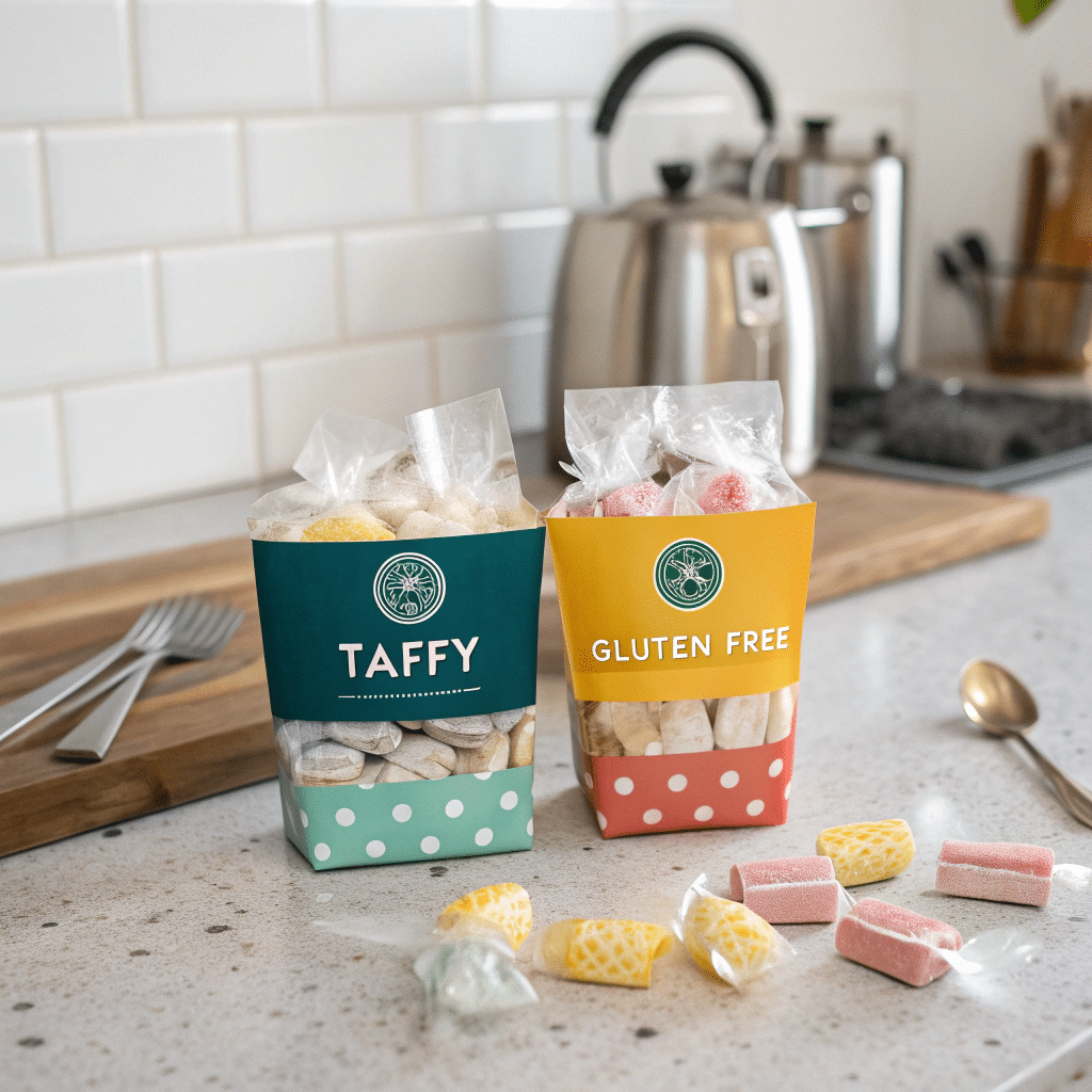 Certified gluten-free taffy brands on table