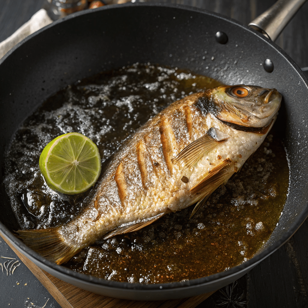 Frying mojarra fish in oil with lime for flavor