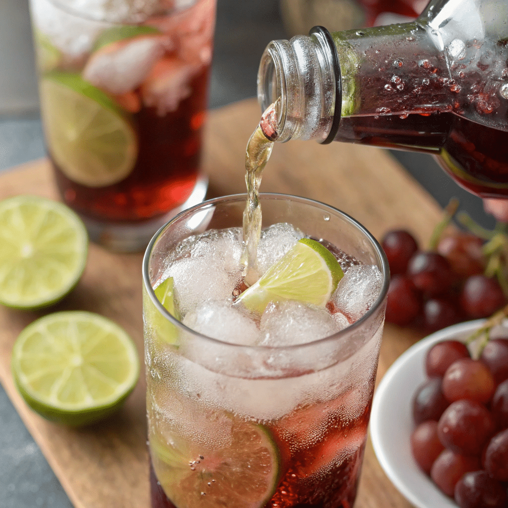 pouring grape juice and ginger ale for transfusion mocktail