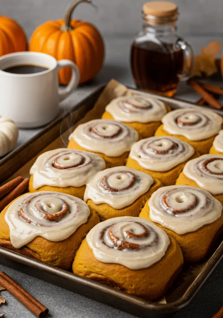 Pumpkin cinnamon rolls with coffee maple frosting