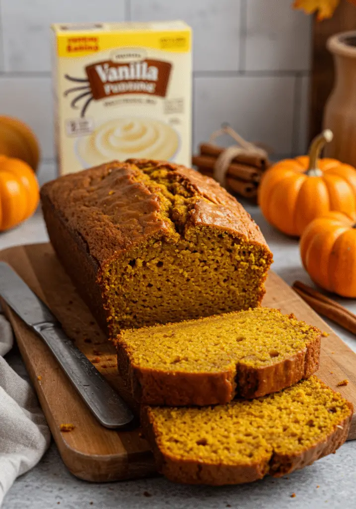 Moist pumpkin bread with vanilla pudding
