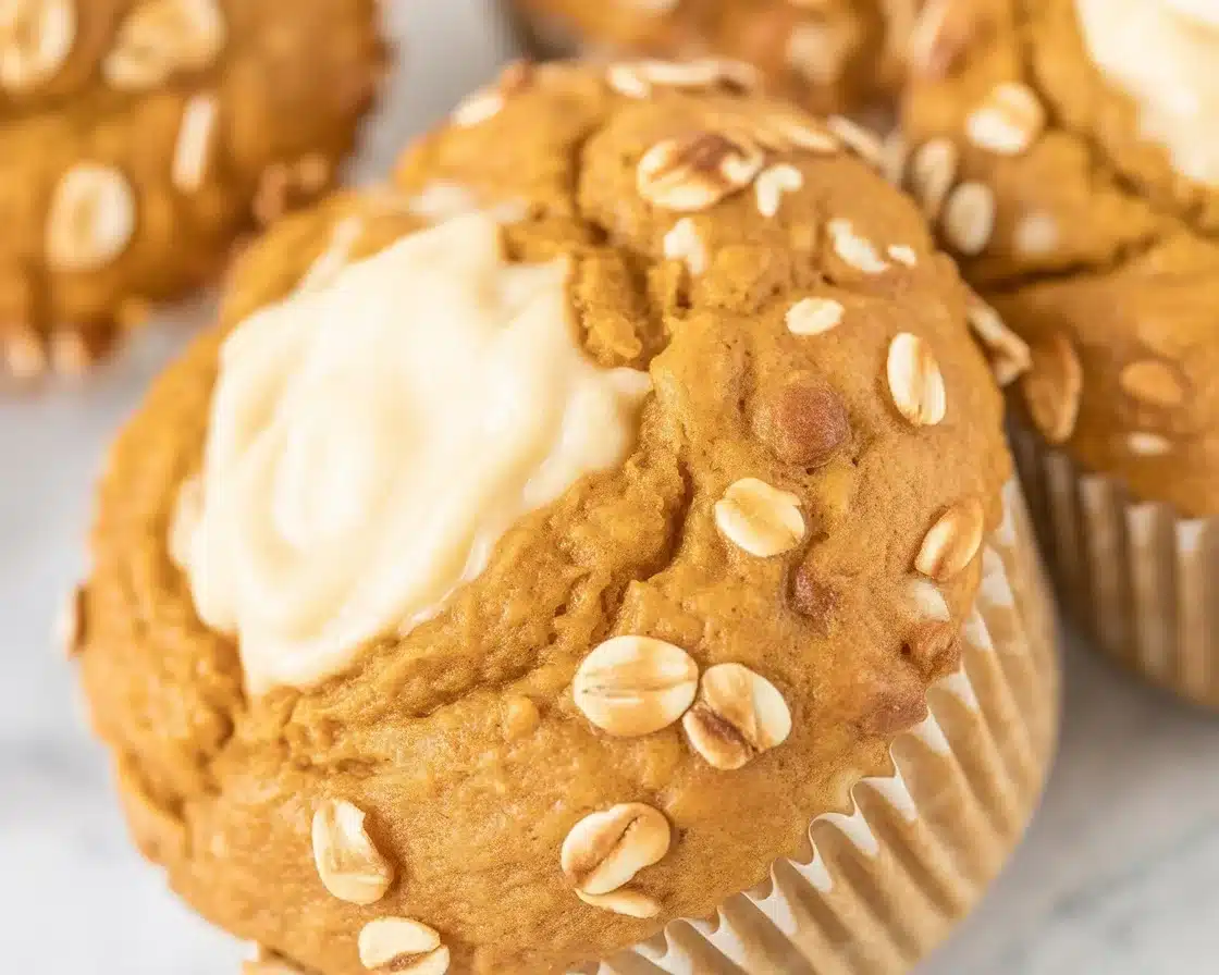 Homemade Starbucks Pumpkin Cream Cheese Muffins with cream cheese filling and spices.
