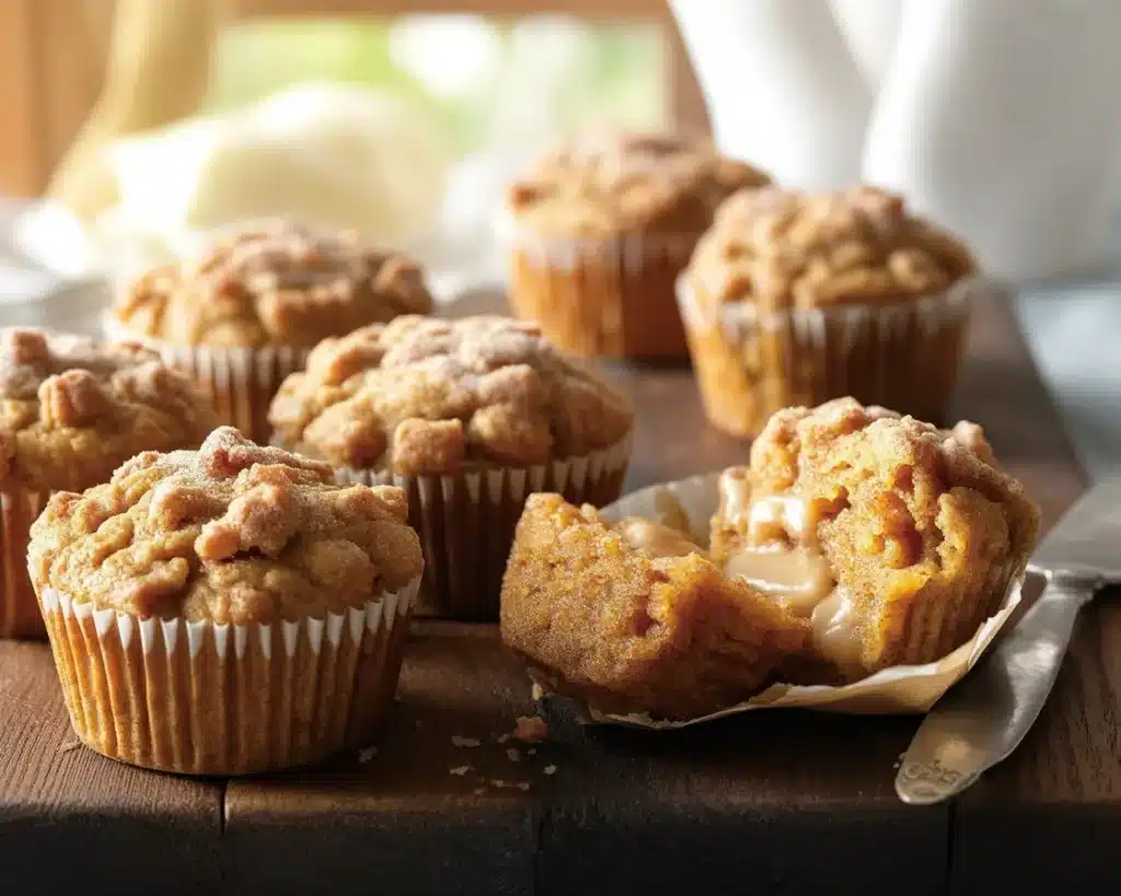 Freshly baked Apple Pumpkin Streusel Muffins with apple chunks and a crunchy topping.