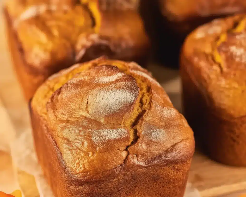 Delicious Mini Pumpkin Bread with Cinnamon Swirl topped with warm spices.