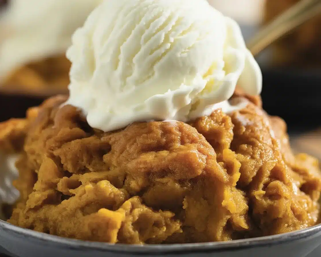 Delicious Pumpkin Pie Crisp with a golden buttery streusel topping served in a cozy setting.