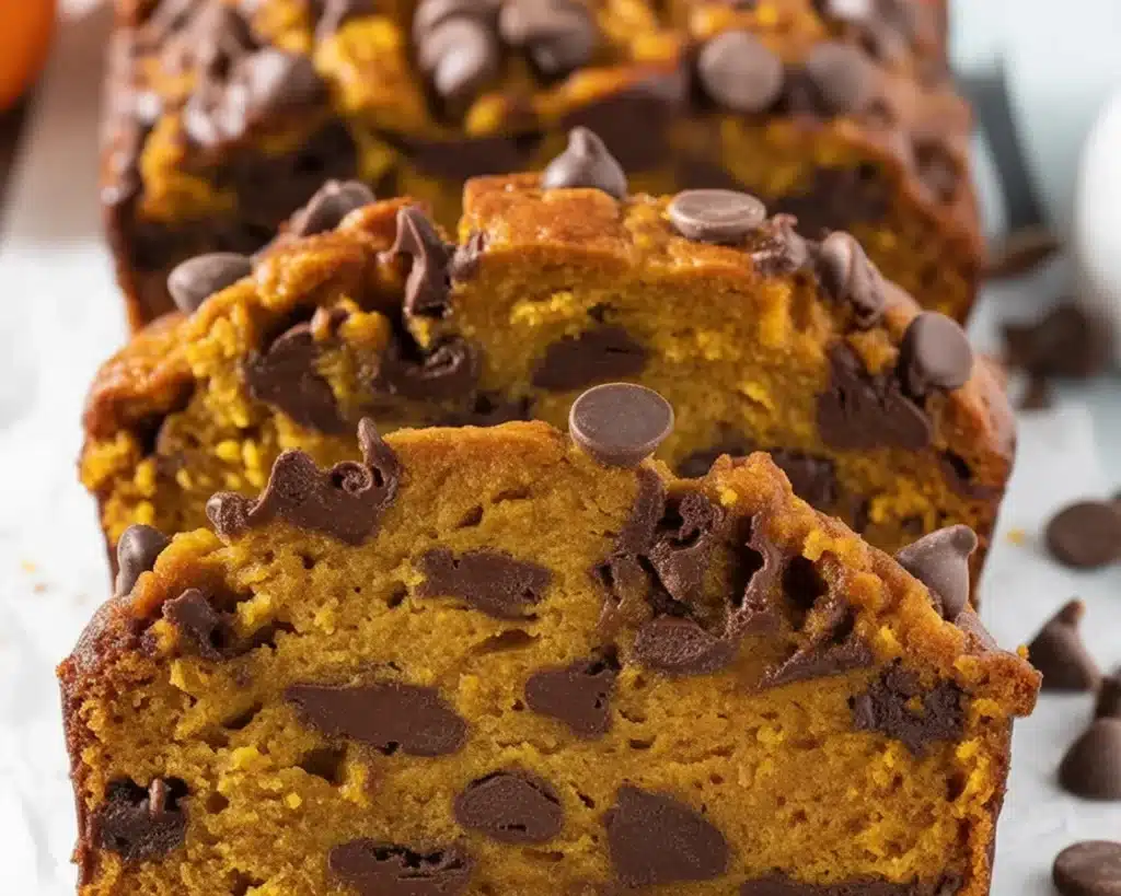Sliced chocolate chip pumpkin bread with chocolate chips and spices for autumn flavor.