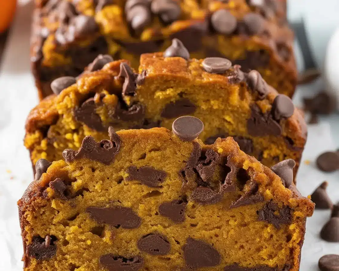 Sliced chocolate chip pumpkin bread with chocolate chips and spices for autumn flavor.