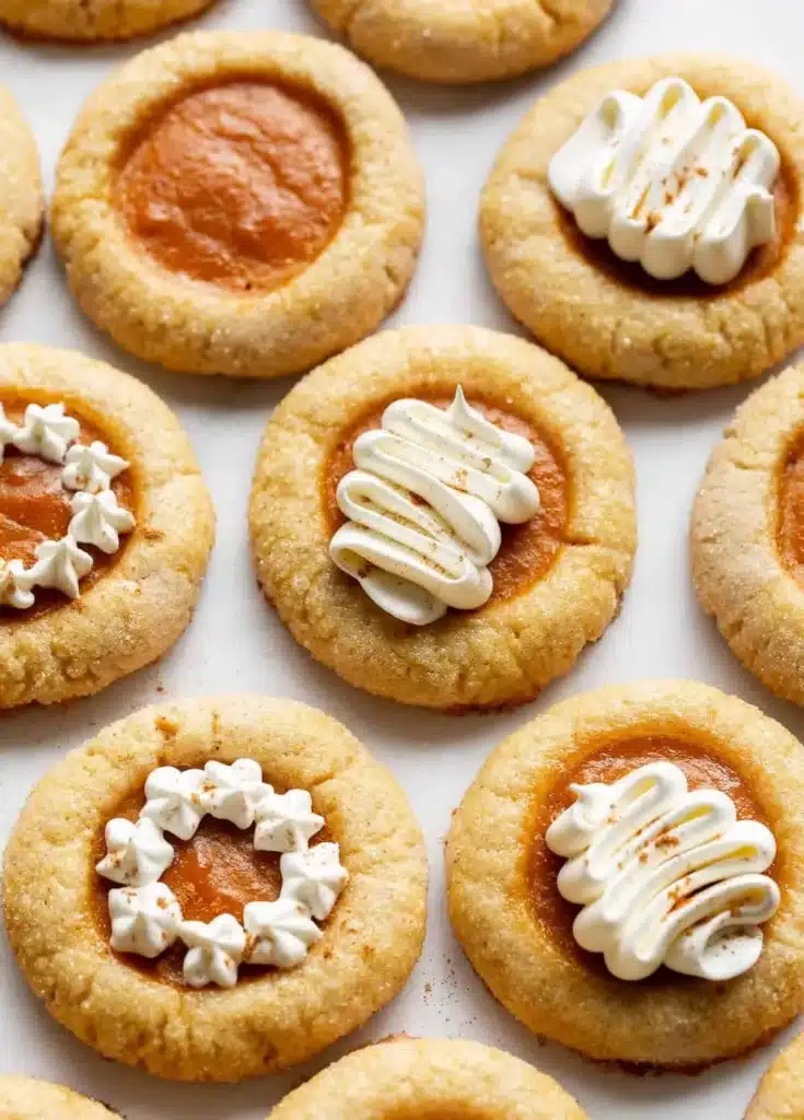 Freshly baked Pumpkin Pie Cookies on a rustic wooden table.