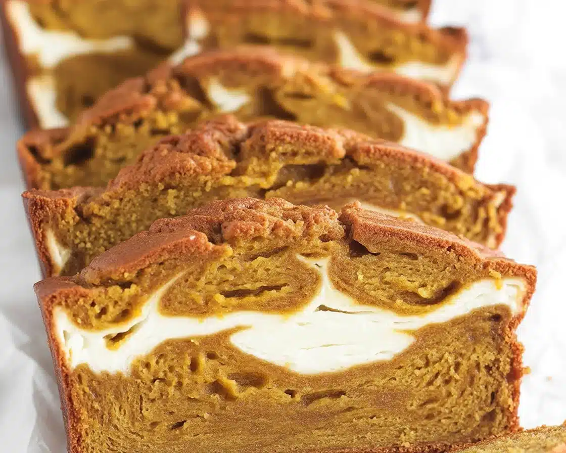 Delicious Pumpkin Cream Cheese Bread with cream cheese swirl and spices.